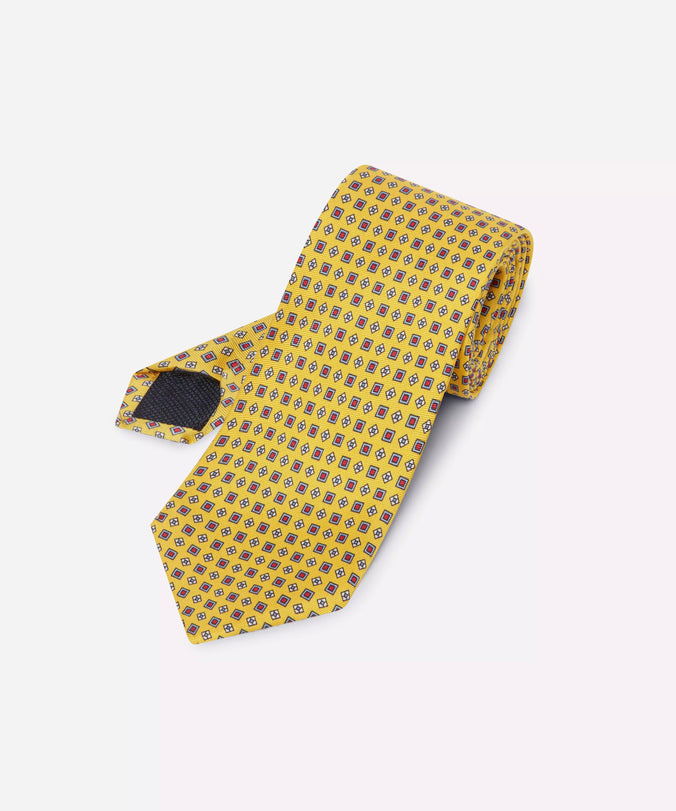 Yellow & Blue Small Biscuit Motif Silk Printed Tie