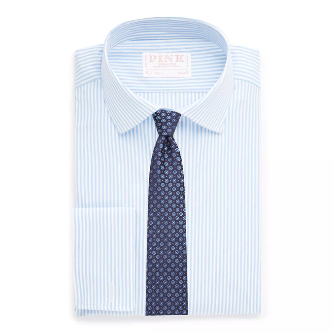 Pale Blue & White Slim Fit Double Cuff Core Poplin Bengal Stripe Formal Shirt