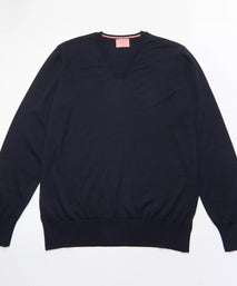 Navy Blue Merino Wool V-Neck Sweater