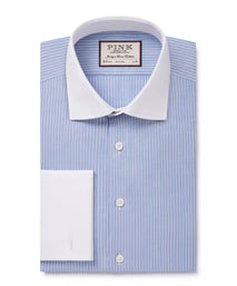 Pale Blue & White Slim Fit Double Cuff Dandy Stripe Formal Shirt
