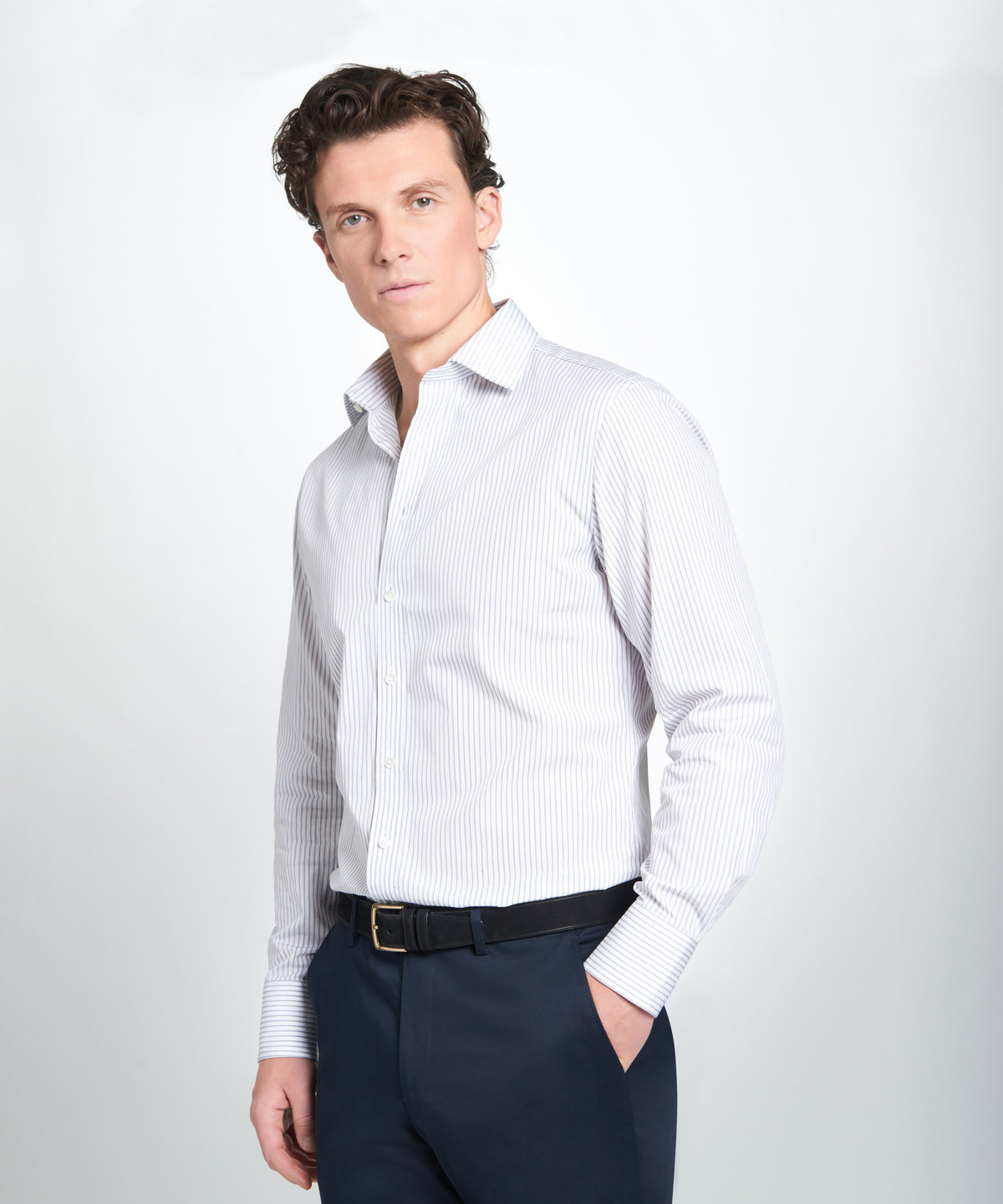 Pale Grey & White Slim Fit Tram Stripe Formal Shirt