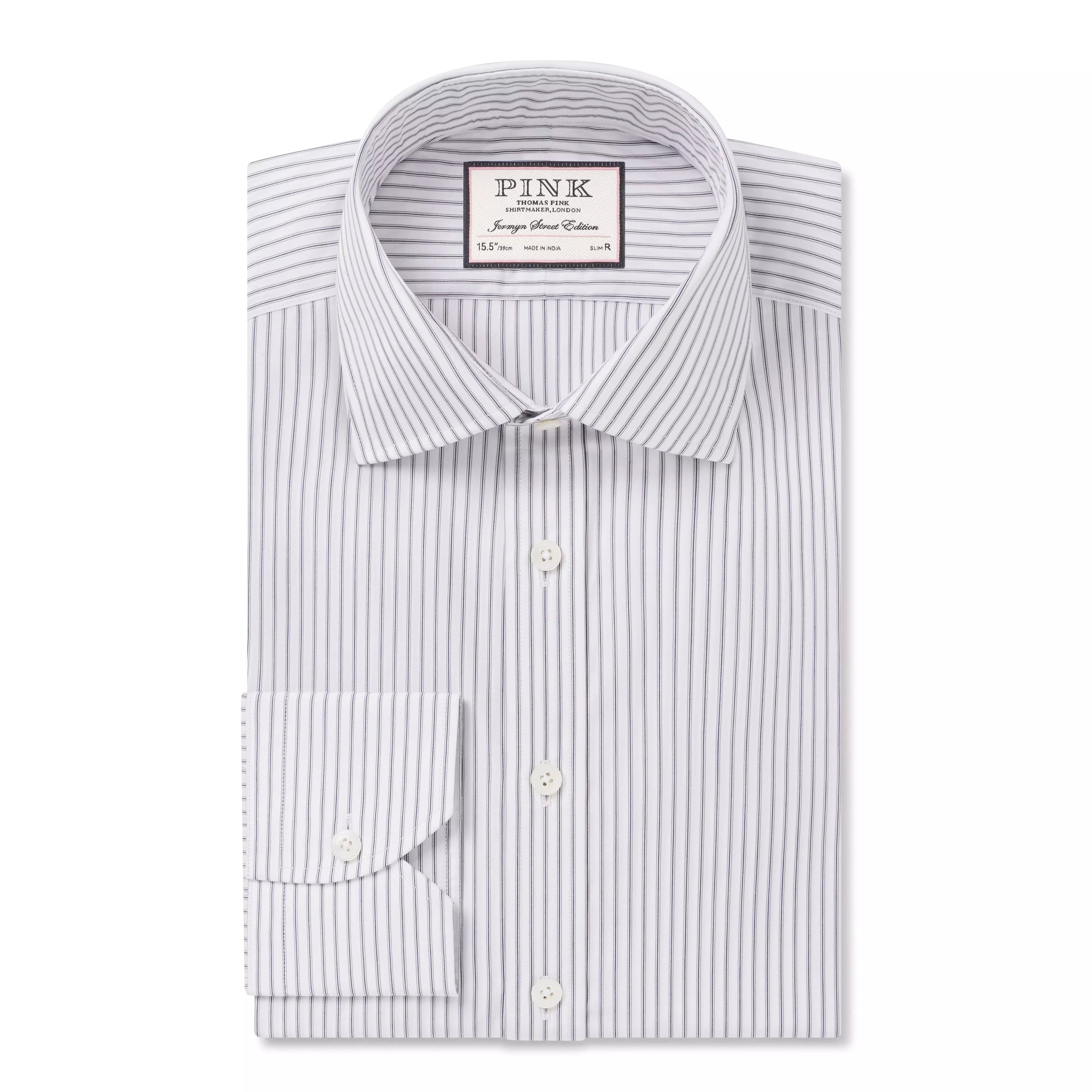 Pale Grey & White Tailored Fit Tram Stripe Formal Shirt