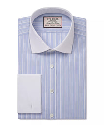 Pale Blue & White Tailored Fit Formal Double Cuff Devonshire Stripe Shirt